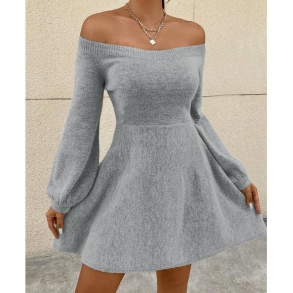Minimalist Off Shoulder Lantern Long Sleeve Sweater Mini Dress Gray - Picture 6 of 6